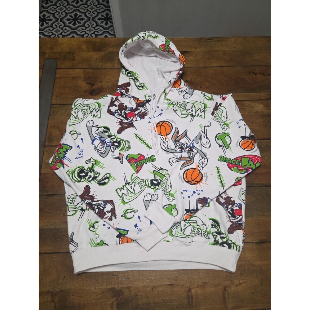 Space Jam Hoodie Mens L Large White All Over Print Bugs Bunny Taz Looney Tunes